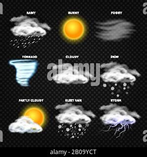 Realistische Wettervektor-Symbole isoliert auf transparentem Hintergrund. Wettervorhersage, Abbildung des Symbols zur Vorhersage der App Stock Vektor