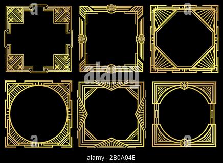 Art-Deco-Nouveau-Rahmen im Vektor-Set im Stil der 1920er Jahre. Rahmen aus Zierwerk, Illustration oif goldener Retro-Rahmen Stock Vektor