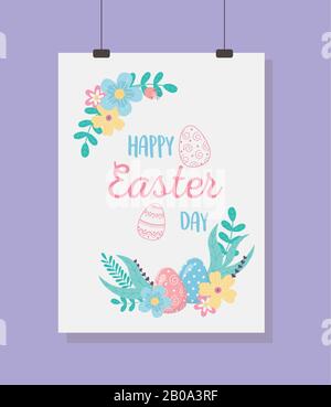 Frohe ostern Hängekarte Eier Blumen Laub Schriftzug Vektor-Illustration Stock Vektor