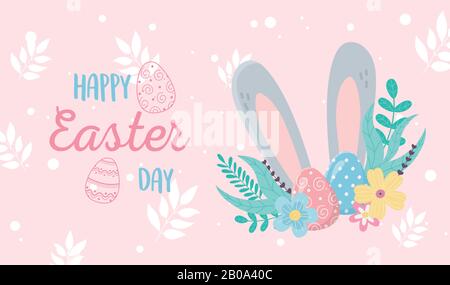 Happy easter Day Einladungskarte große Ohren Blumen Dekoration Vektor Illustration Stock Vektor