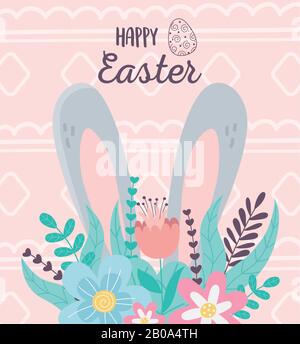 Frohe ostern große Ohren Blumen Laub Dekoration Vektor Illustration Stock Vektor