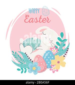 Fröhliches osterschlafkaninchen mit Eiern auf Blumen Naturvektorillustration Stock Vektor