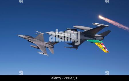 Zwei Kampfflugzeuge der U.S. Air Force F-16 Fighting Falcon, die dem "180th Fighter Wing" Zugeordnet sind, geben während einer Routineschulungsmission am 5. Dezember 2017 über Ohio Flaes frei. Stockfoto