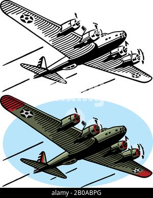 Eine Zeichnung des amerikanischen Luftfahrzeugs des zweiten Weltkriegs des B-17-Bombers. Stock Vektor