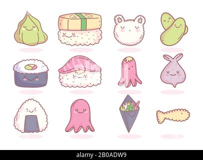 Japanische Speisekarte Restaurant Cartoon Food niedliche Sammlung Vektor-Illustration Stock Vektor