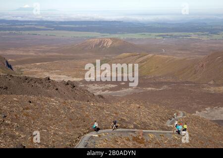 Menschen wandern durch vulkanische Landschaft am Tongariro Alpinübergang Stockfoto