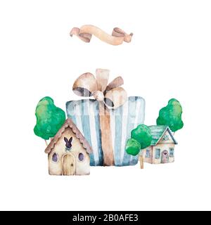 Große Geschenk-Boxen Hand gezeichnet Aquarell Illustration isoliert auf weißem Hintergrund. Stockfoto