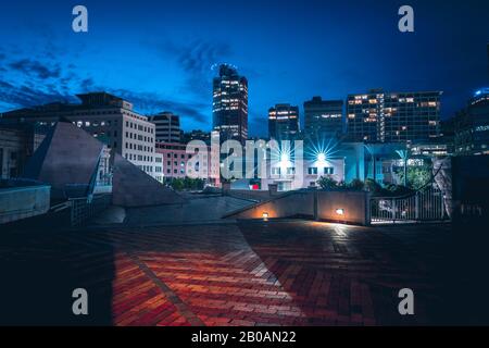 Nachtszenerie der Waterfront in Wellington City Stockfoto