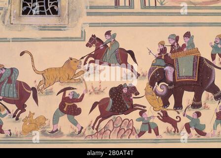 INDIEN, JAIPUR, SISODIA PALACE, BEMALTE WÄNDE, TIGER-JAGDSZENE Stockfoto