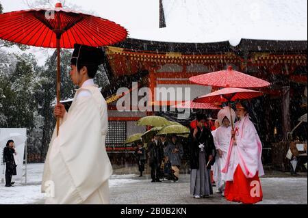 JAPAN, KYOTO, YASAKA-SCHREIN (SHINTO) IM SCHNEE, TRADITIONELLE SHINTO-HOCHZEITSFEIER Stockfoto