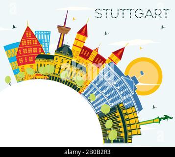 Stuttgart Deutschland City Skyline mit Farbbauten, blauem Himmel und Kopierraum. Vektorgrafiken. Business Travel and Tourism Konzept. Stock Vektor