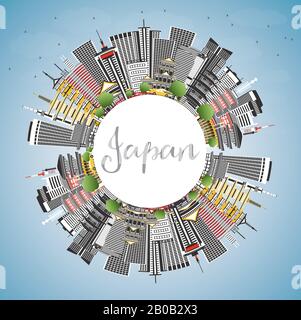 Skyline von Japan City mit grauen Gebäuden, blauem Himmel und Kopierraum. Vektorgrafiken. Tourismuskonzept mit Historischer Architektur. Stadtbild mit Landm Stock Vektor