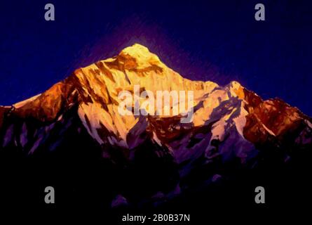 Digitales Gemälde Nanda Devi East-1 Digitales Gemälde von Schnee bedeckt Himalaya-Gipfel von Nanda Devi East in Chamoli, Uttarakhand, Indien. Stockfoto