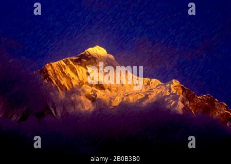 Digitales Gemälde Nanda Devi East-3 Digitales Gemälde von Schnee bedeckt Himalaya-Gipfel von Nanda Devi East in Chamoli, Uttarakhand, Indien. Stockfoto