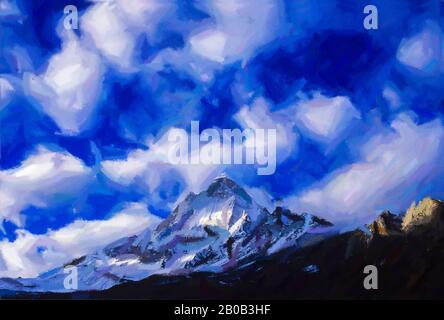 Digitales Gemälde: Shivling Peak-2 Digitales Gemälde vom Schnee bedeckter Shivling Peak mit weißen Wolken am dunkelblauen Himmel in Gangotri India. Stockfoto