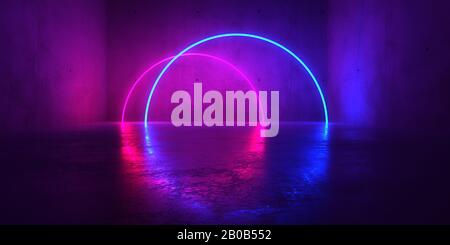 Abstrakte blaue und rot leuchtende Neonlichtkreise im leeren Betonraum mit glänzender reflektierender Oberfläche - 3D-Darstellung Stockfoto
