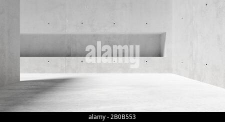 Abstrakter, leerer, moderner Betonraum mit Sonnenlicht-Beleuchtung im Freien und rauem Boden - Hintergrundvorlage für den industriellen Innenraum, 3D-Abbildung Stockfoto