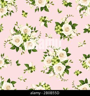 Vektor nahtloses Muster mit weißen Rosen und Freesienblüten und grünen Blättern auf einem rosafarbenen Hintergrund. Stock Vektor