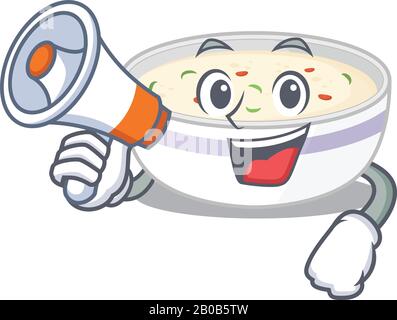 Ein Maskottchen mit gedämpftem Ei, das auf einem Megafon spricht Stock Vektor