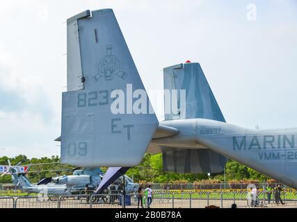 Singapur - 12. Februar 2020. Bell Boeing V-22 Osprey vom US Marine Corps zur Anzeige in Changi, Singapur. Die Verteidigungskosten steigen, insbesondere im Eas Stockfoto