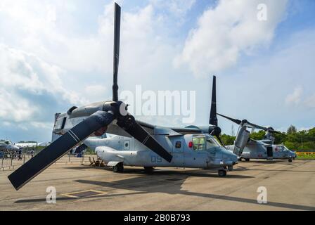 Singapur - 12. Februar 2020. Bell Boeing V-22 Osprey vom US Marine Corps zur Anzeige in Changi, Singapur. Die Verteidigungskosten steigen, insbesondere im Eas Stockfoto