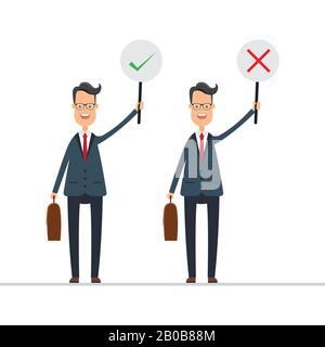 Unternehmer in blauem Anzug halten das richtige und falsche Zeichen. Vektorgrafiken in flacher Ausführung Stock Vektor
