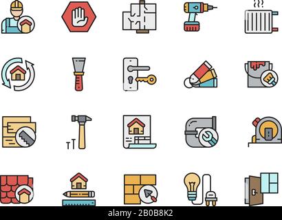 Set mit Symbolen für die Farblinie der Haussanierung. Reparaturwerkstatt, Kühler, Leitungen und mehr. Stock Vektor