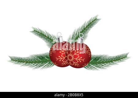 Weihnachtsornament mit rotem Ball und Weihnachtsbaumzweig. Weihnachtskarte Stock Vektor