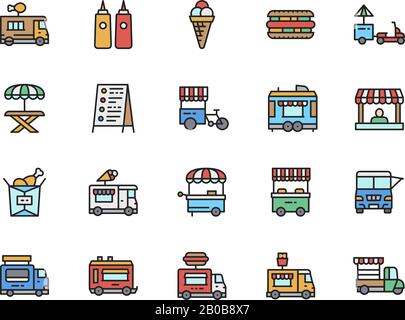 Set mit Farbzeilensymbolen für den Lebensmittelstapler. Gebratenes Huhn, Eiscreme, heißer Hund und mehr. Stock Vektor