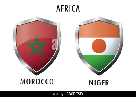 Symbolschild mit den Flaggen Marokko und Niger, isoliert auf weißem Hintergrund, Vektorgrafiken Stock Vektor