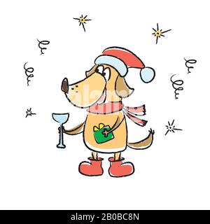 Niedliche Winterkarte mit Hund in rotem Hut, Schal, handgezeichnete Vektorgrafiken Stock Vektor