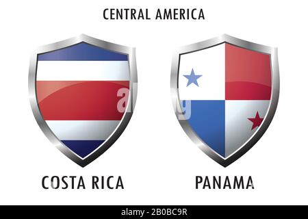 Symbolschild mit Flaggen Costa Rica und Panama, isoliert auf weißem Hintergrund, Vektorgrafiken Stock Vektor