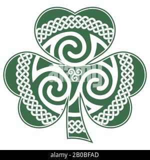 Irisch-keltisches Design im Vintage-Stil, Retro-Stil, Kleeblatt im Celtic-Stil. Irisches Symbol für das fest von St. Patrick Stock Vektor