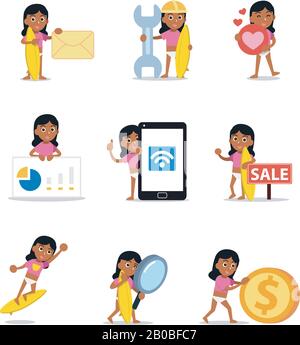 Satz der Charakterfrau surfer in der Welt-Surfer-Liga. Stock Vektor