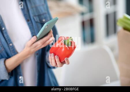 Weibliche Hände mit rotem Pfeffer und Smartphone. Stockfoto