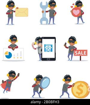 Legen Sie den Charakter eines virtuellen Mitarbeiters fest, der eine virtuelle Brille trägt. Stock Vektor