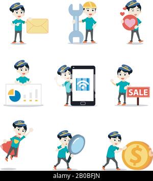 Figur der Frau, die als Taxifahrerin im Internet arbeitet. Stock Vektor