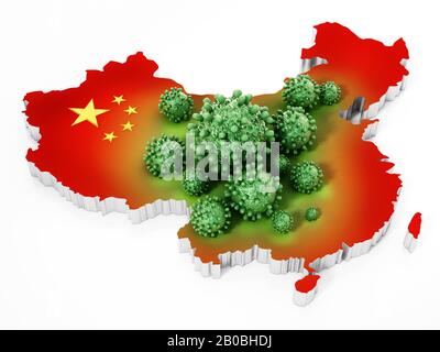 Gruppe von Viren auf chinas Karte und Flagge. 3D-Abbildung. Stockfoto