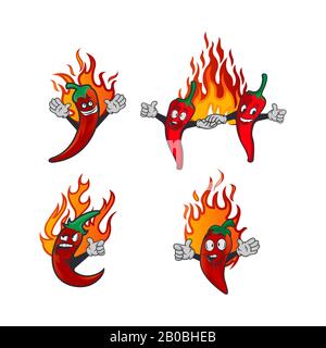 Vektor-Set-Illustration einer würzigen Chili Paprika mit Flamme. Cartoon Red Chili für mexikanische oder thailändische Küche. Cartoon verschiedene rote Chilis. Stock Vektor