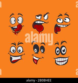 Cartoon-Gesichter mit verschiedenen Ausdrücken, meist fröhlich und lächelnd, mit den Augen und dem Mund Stock Vektor