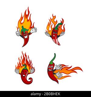 Vektor-Set-Illustration einer würzigen Chili Paprika mit Flamme. Cartoon Red Chili für mexikanische oder thailändische Küche. Cartoon verschiedene rote Chilis. Stock Vektor