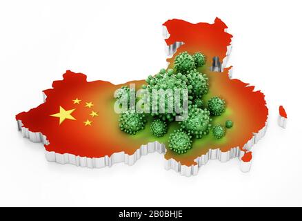 Gruppe von Viren auf chinas Karte und Flagge. 3D-Abbildung. Stockfoto