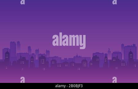 Silhouette der Stadt mit violettem Himmelgradient. Stock Vektor