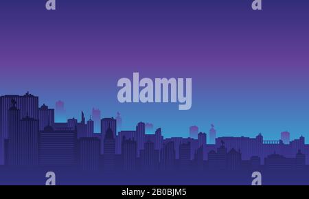 Silhouette der Stadt mit violettem Himmelgradient. Stock Vektor