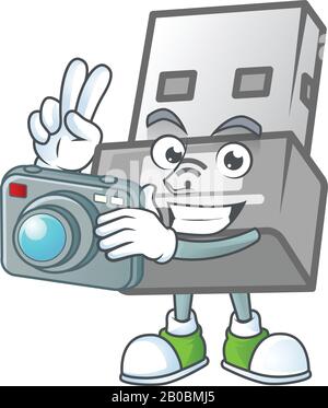 Ein USB-Wireless-Adapter Fotograf Cartoon-Charakter in Aktion mit einer Kamera Stock Vektor