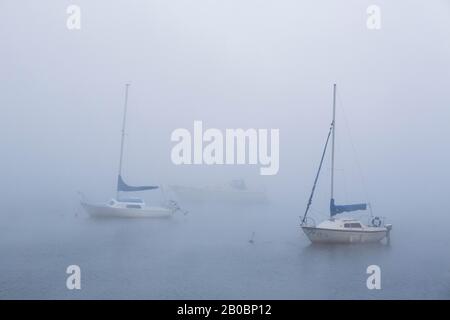 Segelboote im Nebel am frühen Morgen auf dem Lac des Sables, Quebec, Kanada Stockfoto