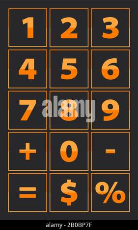 Die Zahl Alphabet, machte Ligt und dunkelorange. Jeder Buchstabe befindet sich im Rahmen und der Hintergrund ist schwarz Stock Vektor
