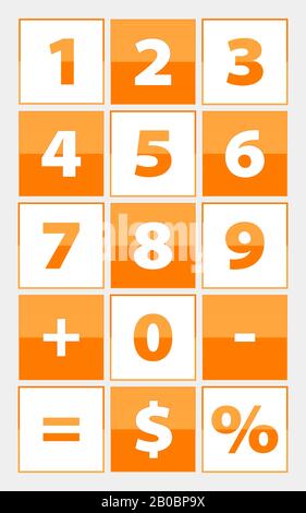 Die Zahl Alphabet, weiß und orange. Jeder Buchstabe befindet sich im Rahmen und der Hintergrund ist weiß und orange kontrastiert Stock Vektor