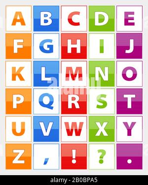 Der Buchstabe Alphabet, orange, blau, rot, grün, violett. Jeder Buchstabe befindet sich im Rahmen Stock Vektor