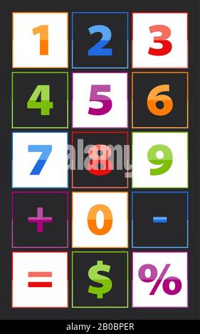 Die Zahl Alphabet, orange, blau, rot, grün, violett. Jeder Buchstabe befindet sich im Rahmen Stock Vektor